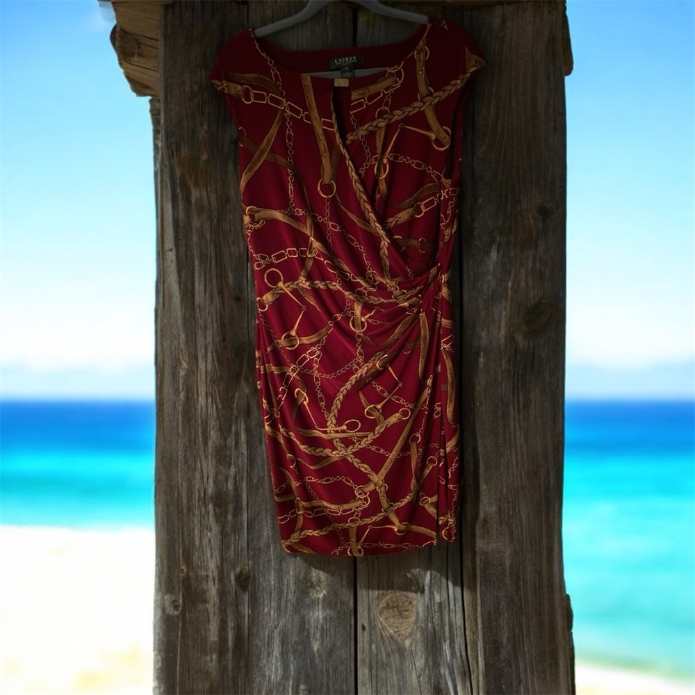 Burgundy Printed Dress by Ralph Lauren. Size 14